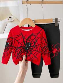 Young Boy Casual Minimalist Snug Fit Comfortable Crew Neck Long Sleeve Long Pants Loungewear Suitable For Autumn/Winter, Classic Cool Spider Web Spider Pattern Print - Multicolor - View 2