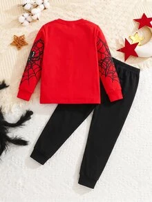 Young Boy Casual Minimalist Snug Fit Comfortable Crew Neck Long Sleeve Long Pants Loungewear Suitable For Autumn/Winter, Classic Cool Spider Web Spider Pattern Print - Multicolor - View 3
