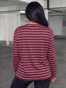 Rovax 時尚休閒基本款圓領紅色底條紋印花落肩長袖T恤 - 彩色 - 查看 2