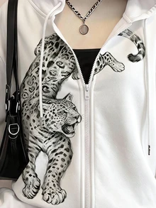 SHEIN EZwear 個性化秋季新款復古豹紋圖案女款拉鍊白色運動衫，Y2K，秋季運動衫，適合日常通勤、派對、秋冬/夏季、聖誕節、新年、感恩節、派對、婚禮、海灘、畢業典禮、優雅、外出、約會、通勤、情人節、優雅、度假、Y2K - 彩色 - 查看 3