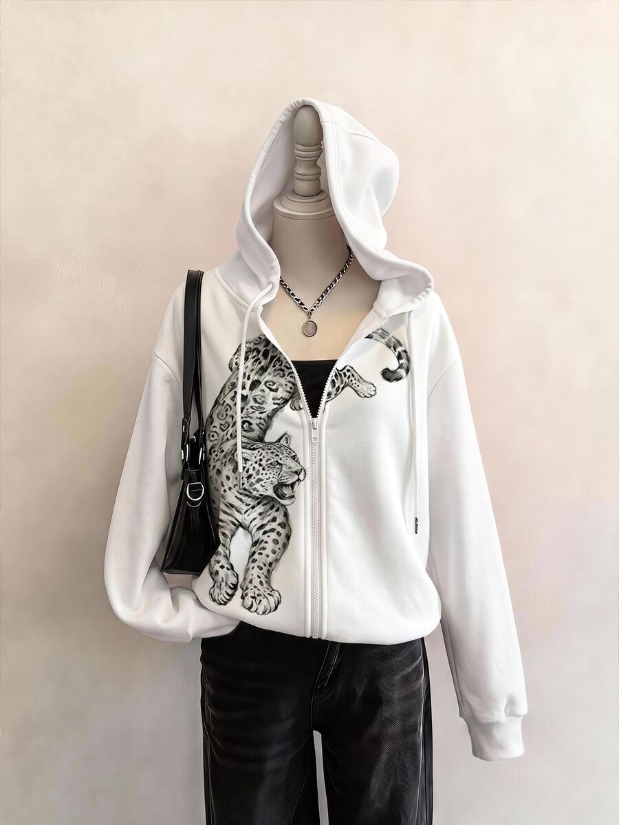 SHEIN EZwear 個性化秋季新款復古豹紋圖案女款拉鍊白色運動衫,Y2K,秋季運動衫,適合日常通勤、派對、秋冬/夏季、聖誕節、新年、感恩節、派對、婚禮、海灘、畢業典禮、優雅、外出、約會、通勤、情人節、優雅、度假、Y2K - 彩色 - 查看 1