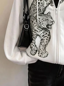 SHEIN EZwear 個性化秋季新款復古豹紋圖案女款拉鍊白色運動衫，Y2K，秋季運動衫，適合日常通勤、派對、秋冬/夏季、聖誕節、新年、感恩節、派對、婚禮、海灘、畢業典禮、優雅、外出、約會、通勤、情人節、優雅、度假、Y2K - 彩色 - 查看 4