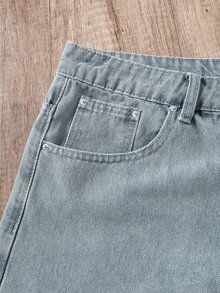 Manfinity Joysei 街頭風復古時尚百搭水洗破洞鉚釘設計自由女神字母印花寬鬆直筒寬腿休閒夏季牛仔短褲(不含腰帶與配件) - 淺色水洗藍 - 查看 9