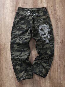 Daypath 街頭風復古時尚百搭字母與龍刺繡設計寬鬆直筒寬腿休閒牛仔褲（不含腰帶與配件） - 軍綠色 - 查看 2