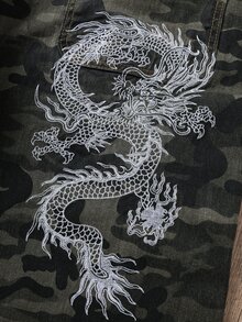 Daypath 街頭風復古時尚百搭字母與龍刺繡設計寬鬆直筒寬腿休閒牛仔褲（不含腰帶與配件） - 軍綠色 - 查看 7