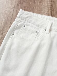 Manfinity Joysei 街頭風復古時尚百搭水洗對比色鉚釘後口袋刺繡設計寬鬆直筒寬腿休閒牛仔褲（不含腰帶與配件） - 白色 - 查看 8