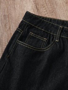 Manfinity Joysei Streetwear Retro Fashion Versatile Distressed Back Pocket Letter Print Design Loose Straight Wide Leg Casual Denim Jeans (Belt And Accessories Not Included) - Black - View 8