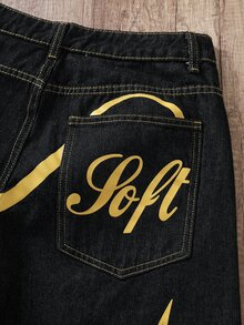 Manfinity Joysei Streetwear Retro Fashion Versatile Distressed Back Pocket Letter Print Design Loose Straight Wide Leg Casual Denim Jeans (Belt And Accessories Not Included) - Black - View 5