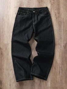 Manfinity Joysei Streetwear Retro Fashion Versatile Distressed Back Pocket Letter Print Design Loose Straight Wide Leg Casual Denim Jeans (Belt And Accessories Not Included) - Black - View 3