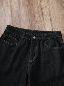 Manfinity Joysei Streetwear Retro Fashion Versatile Distressed Back Pocket Letter Print Design Loose Straight Wide Leg Casual Denim Jeans (Belt And Accessories Not Included) - Black - View 10