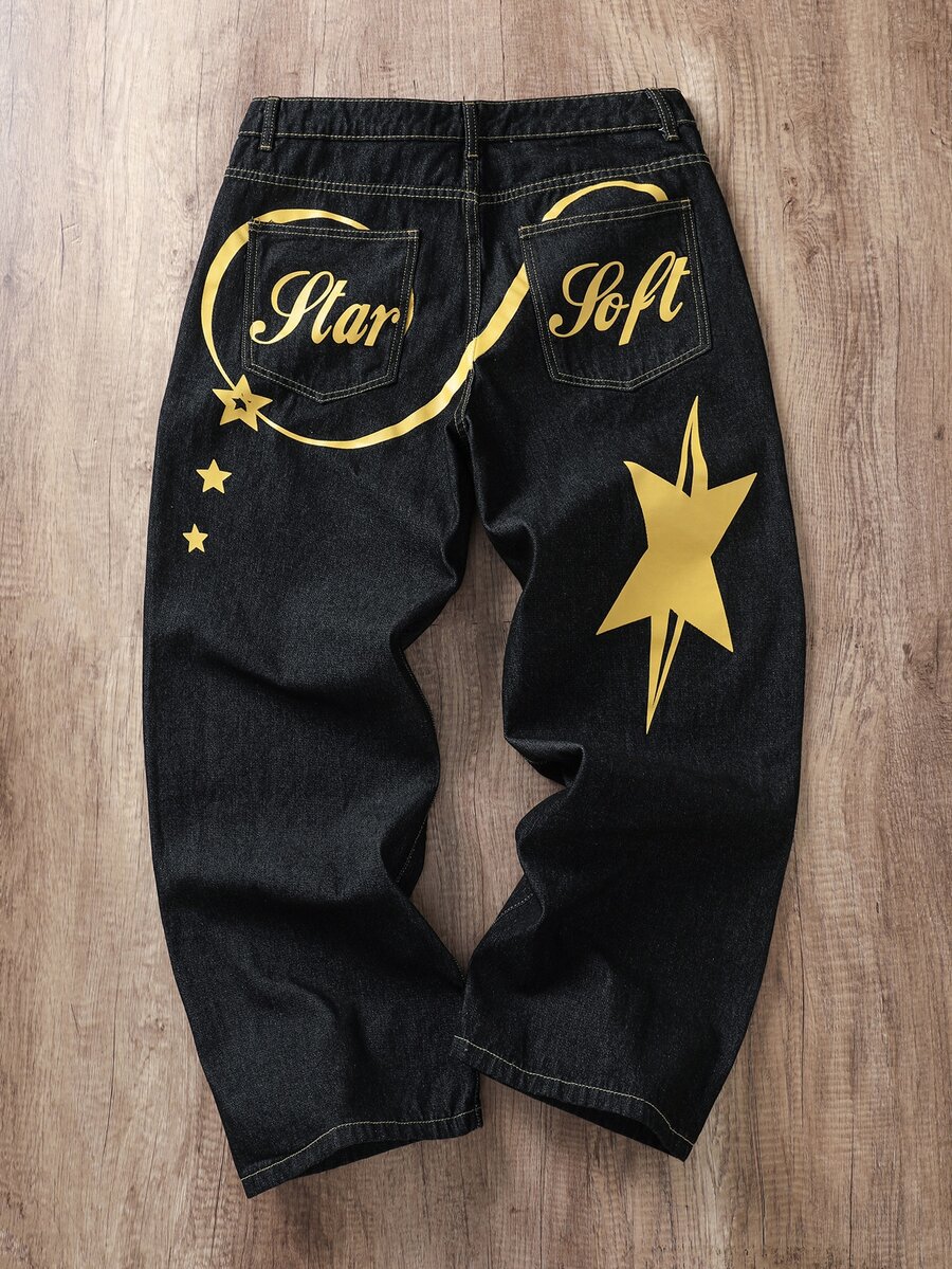 Manfinity Joysei Streetwear Retro Fashion Versatile Distressed Back Pocket Letter Print Design Loose Straight Wide Leg Casual Denim Jeans (Belt And Accessories Not Included)