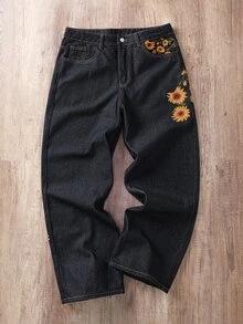 Manfinity Joysei 男款口袋鈕扣街頭風刺繡設計寬鬆寬腿牛仔長褲 - 黑色 - 查看 2
