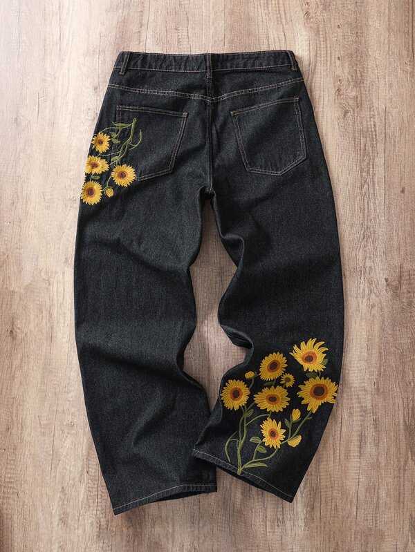 Manfinity Joysei Men's Pocket Button Streetwear Embroidered Design Loose Wide Leg Denim Jeans