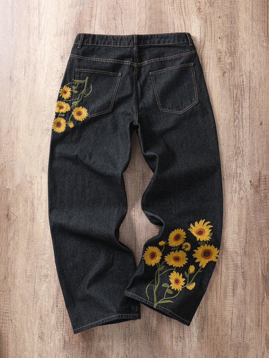 Manfinity Joysei 男款口袋鈕扣街頭風刺繡設計寬鬆寬腿牛仔長褲 - 黑色 - 查看 1