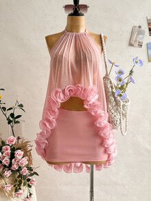 Soleia Women's Elegant Ruffle Backless Halter Top And Mini Skirt Set, Summer - Dusty Pink - View 3