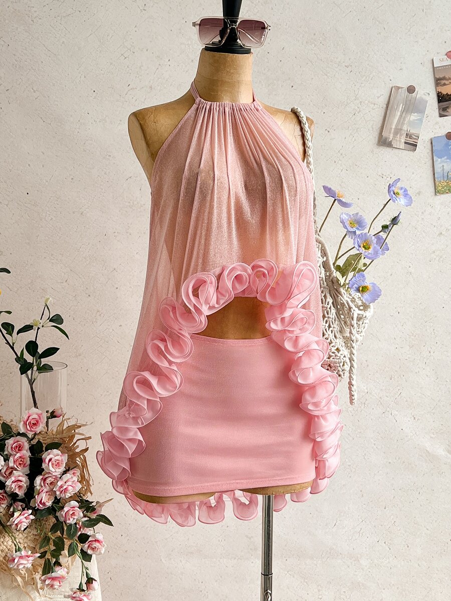Soleia Women's Elegant Ruffle Backless Halter Top And Mini Skirt Set, Summer - Dusty Pink - View 1