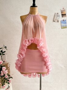 Soleia Women's Elegant Ruffle Backless Halter Top And Mini Skirt Set, Summer - Dusty Pink - View 6