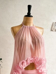 Soleia Women's Elegant Ruffle Backless Halter Top And Mini Skirt Set, Summer - Dusty Pink - View 4