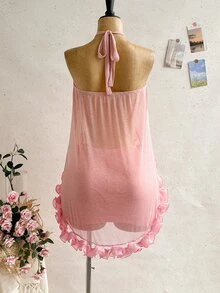 Soleia Women's Elegant Ruffle Backless Halter Top And Mini Skirt Set, Summer - Dusty Pink - View 2