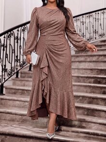 Fleurora Plus Size Elegant Party Cocktail Glitter Ruffle Dress Pink Wedding Guest Outfits For Women Autumn Fall - Purple - View 6