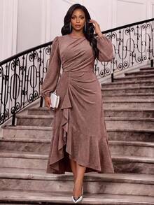Fleurora Plus Size Elegant Party Cocktail Glitter Ruffle Dress Pink Wedding Guest Outfits For Women Autumn Fall - Purple - View 2