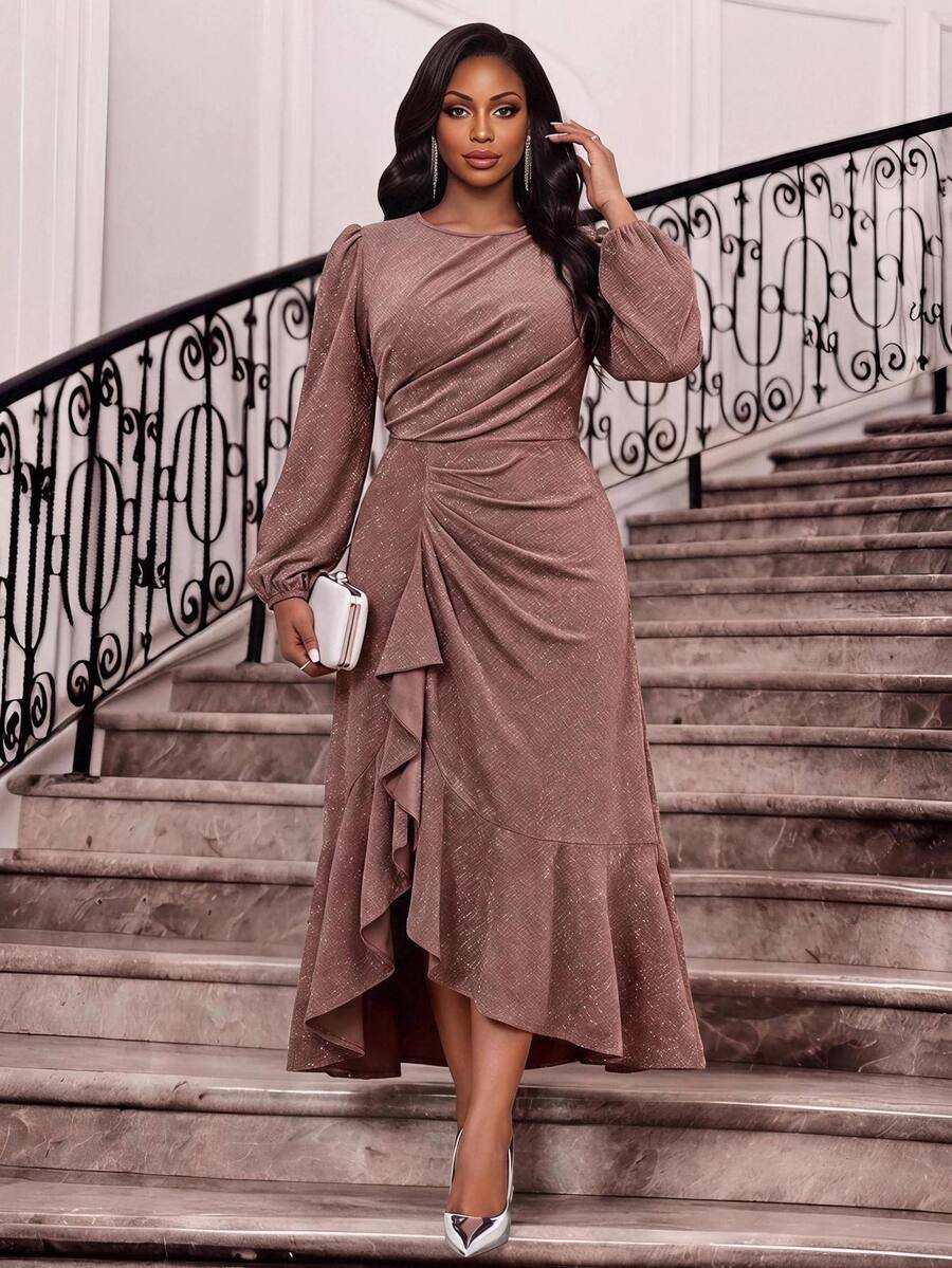 Fleurora Plus Size Elegant Party Cocktail Glitter Ruffle Dress Pink Wedding Guest Outfits For Women Autumn Fall