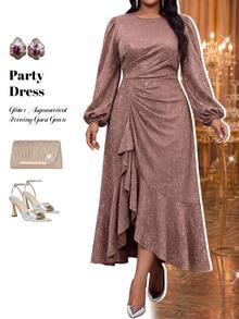 Fleurora Plus Size Elegant Party Cocktail Glitter Ruffle Dress Pink Wedding Guest Outfits For Women Autumn Fall - Purple - View 7