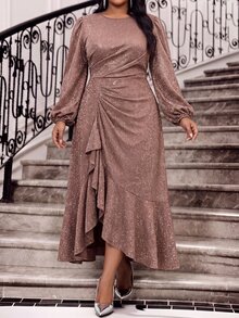 Fleurora Plus Size Elegant Party Cocktail Glitter Ruffle Dress Pink Wedding Guest Outfits For Women Autumn Fall - Purple - View 8