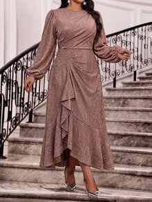 Fleurora Plus Size Elegant Party Cocktail Glitter Ruffle Dress Pink Wedding Guest Outfits For Women Autumn Fall - Purple - View 5