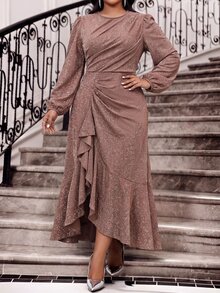 Fleurora Plus Size Elegant Party Cocktail Glitter Ruffle Dress Pink Wedding Guest Outfits For Women Autumn Fall - Purple - View 4