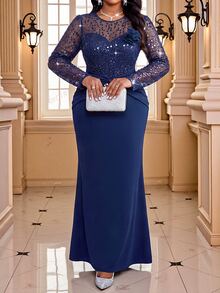 Fleurora Gaun Elegan Wanita Ukuran Plus dengan Motif Patchwork, Payet, Jala, dan Dekorasi Bunga 3D, Model Duyung. - Navy Blue - View 4