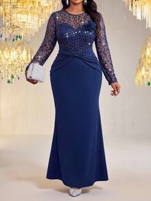 Fleurora Gaun Elegan Wanita Ukuran Plus dengan Motif Patchwork, Payet, Jala, dan Dekorasi Bunga 3D, Model Duyung. - Navy Blue - View 8