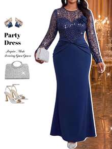 Fleurora Gaun Elegan Wanita Ukuran Plus dengan Motif Patchwork, Payet, Jala, dan Dekorasi Bunga 3D, Model Duyung. - Navy Blue - View 1