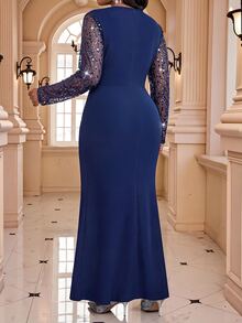 Fleurora Gaun Elegan Wanita Ukuran Plus dengan Motif Patchwork, Payet, Jala, dan Dekorasi Bunga 3D, Model Duyung. - Navy Blue - View 2