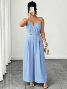 SHEIN Clasi Plus Size Women's Striped Metal Decor Jumpsuit, Suitable For Commuting, Office, Casual And Dating Fall - Blue and White - View 3