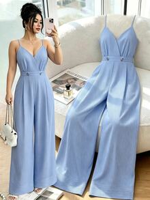 SHEIN Clasi Plus Size Women's Striped Metal Decor Jumpsuit, Suitable For Commuting, Office, Casual And Dating Fall - Blue and White - View 1
