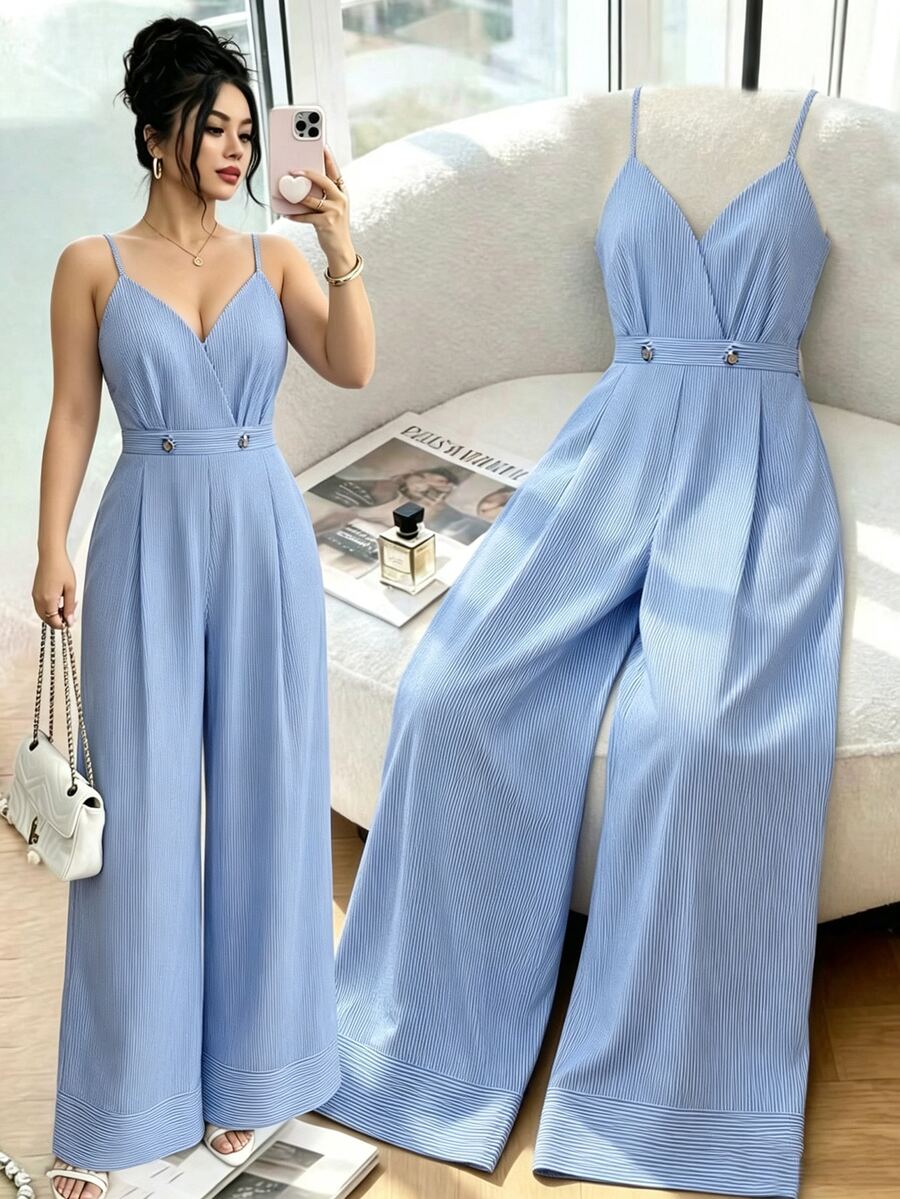 SHEIN Clasi Plus Size Women's Striped Metal Decor Jumpsuit, Suitable For Commuting, Office, Casual And Dating Fall - Blue and White - View 1