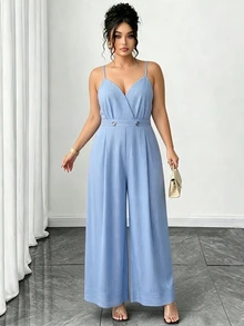 SHEIN Clasi Plus Size Women's Striped Metal Decor Jumpsuit, Suitable For Commuting, Office, Casual And Dating Fall - Blue and White - View 4