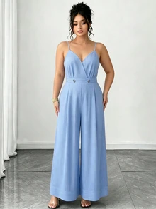 SHEIN Clasi Plus Size Women's Striped Metal Decor Jumpsuit, Suitable For Commuting, Office, Casual And Dating Fall - Blue and White - View 6
