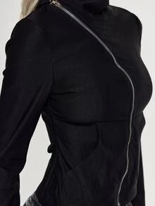 MUSERA Asymmetric Zip Pocket Front Fitted Long Sleeve Hooded Top  Sexy Evening Festival Holiday Unscripted - Black - View 6