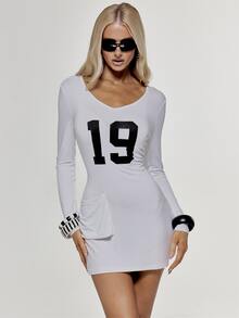 MUSERA V Plunge Front Graphic Number Print Pocket Detail Long Sleeve Mini Dress Sexy Evening Holiday Festival Unscripted - White - View 3