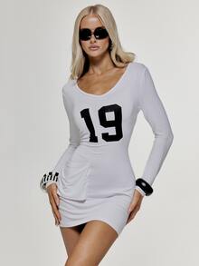 MUSERA V Plunge Front Graphic Number Print Pocket Detail Long Sleeve Mini Dress Sexy Evening Holiday Festival Unscripted - White - View 2