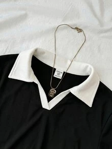 SHEIN 少女款海军蓝白领针织休闲撞色修身短款上衣，带小号Logo刺绣 - 黑與白 - 查看 3