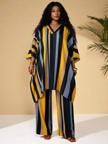 BrightlyHer Plus Size V-Neck Batwing Sleeve Striped Loose 2 Pieces Set,Summer/Spring/Vacation - Multicolor - View 5