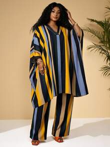 BrightlyHer Plus Size V-Neck Batwing Sleeve Striped Loose 2 Pieces Set,Summer/Spring/Vacation - Multicolor - View 6