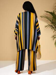BrightlyHer Plus Size V-Neck Batwing Sleeve Striped Loose 2 Pieces Set,Summer/Spring/Vacation - Multicolor - View 2