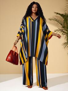 BrightlyHer Plus Size V-Neck Batwing Sleeve Striped Loose 2 Pieces Set,Summer/Spring/Vacation - Multicolor - View 3