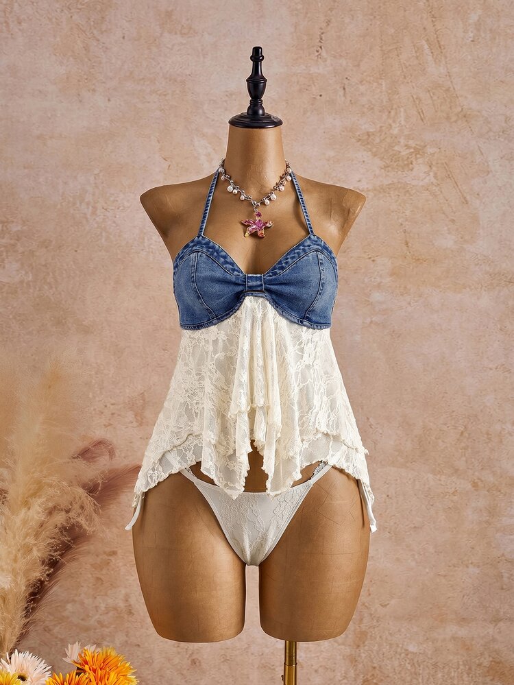 Soleia Women's Lace Patchwork Pleated Casual Versatile Daily Outing Halter Neck Denim Top - Medium Wash - View 3