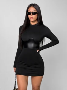 SHEIN PETITE 女款黑色立領長袖修身休閒性感短洋裝，秋季優雅時尚，適合夜店、約會、派對、婚禮的曲線迷你洋裝 - 黑色 - 查看 5