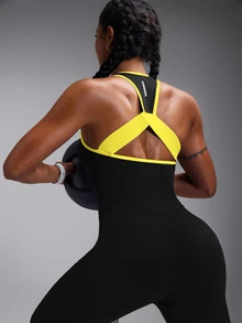 Powerista Contrast Color Splice Backless Halter Jumpsuit - Black - View 5